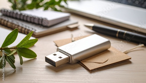 A silver USB flash drive rests on a wooden desk amongst office supplies and greenery.