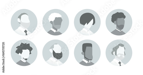 Vector set of diverse male business avatar placeholders in circular frames, without facial features. Includes various hairstyles, beards, and ethnic types for profile or app use.