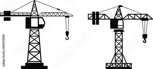 Construction tower crane silhouette, industrial lifting equipment, building site machinery, heavy-duty crane, hook and cable, steel framework, construction industry tools, mechanical crane parts