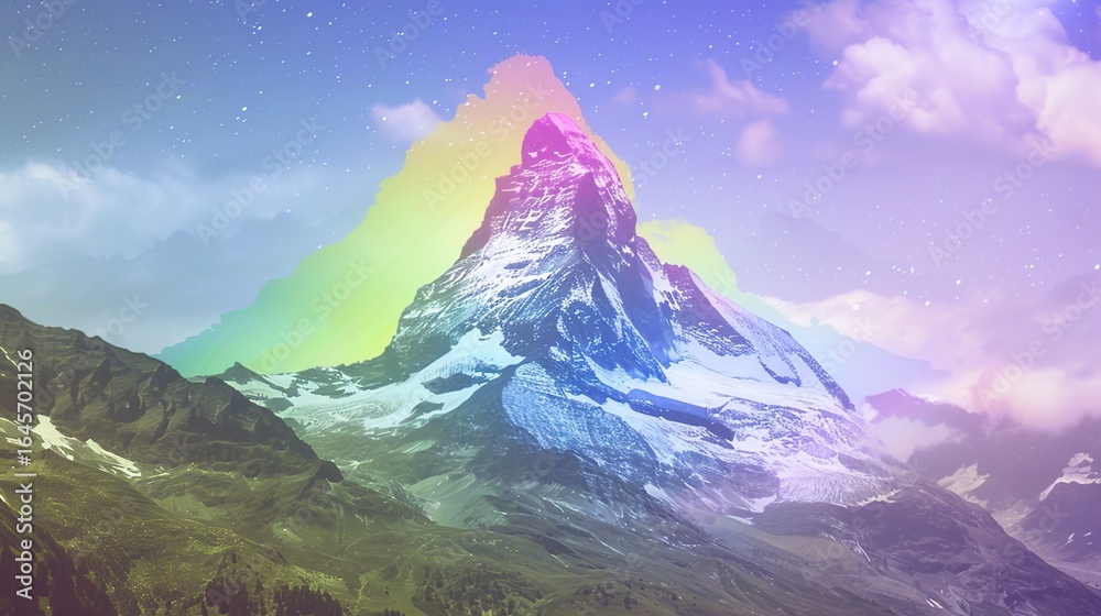 Fototapeta premium A Breathtaking Vision: Rainbow Particles Illuminating the Majestic Mountain Peak, Where Reality and Fantasy Converge in a Cascade of Color. 