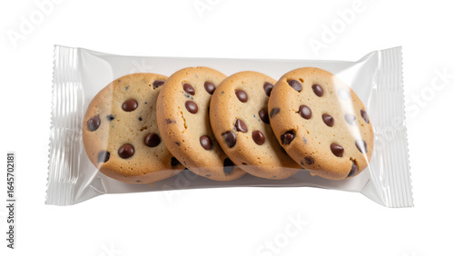 Delicious chocolate chip cookies packaged in clear wrapper, perfect for sweet snack or dessert. Enjoy rich flavor and soft texture