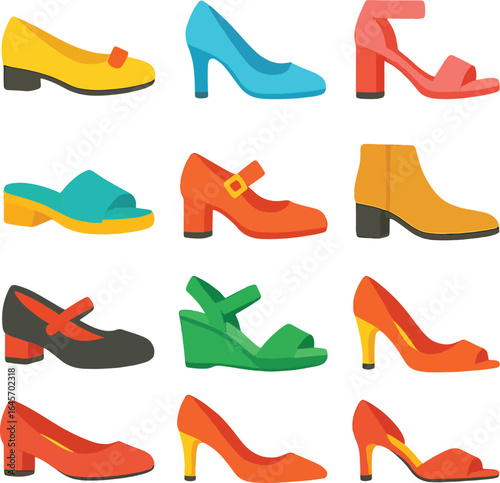 Flat color icon set of women shoes and footwear symbols, colorful 2D vector illustration design