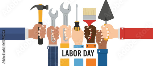 Celebrating Labor Day with diverse hands holding tools, symbolizing unity, hard work, and collective achievement in a vibrant, inclusive display of skilled professionals and trades.