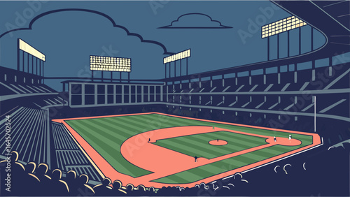 Night Baseball Stadium Classic Green Field Illuminated Scoreboard and Silhouetted Spectators.