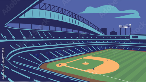 Night Baseball Stadium Elevated View of a Modern Baseball Field with Stadium Seating and Lighting.