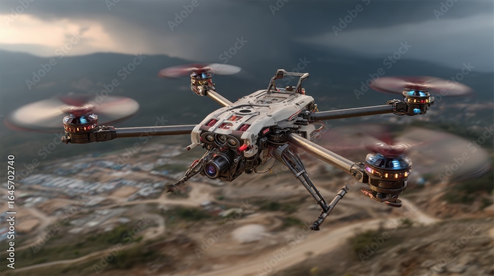 Obraz premium Aerial vehicle hovers over landscape with rotating blades