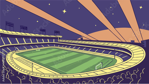 Nighttime Soccer Stadium Illustration Green Field Yellow Seats and Spectators.