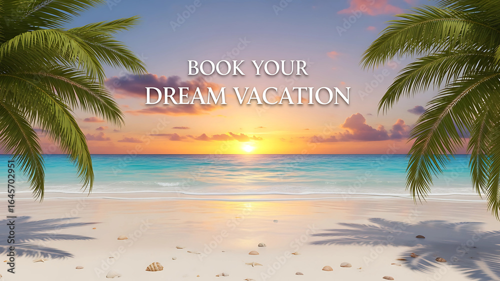 Fototapeta premium A tropical beach with palm trees framing a sunset over the ocean and a message about dream vacation