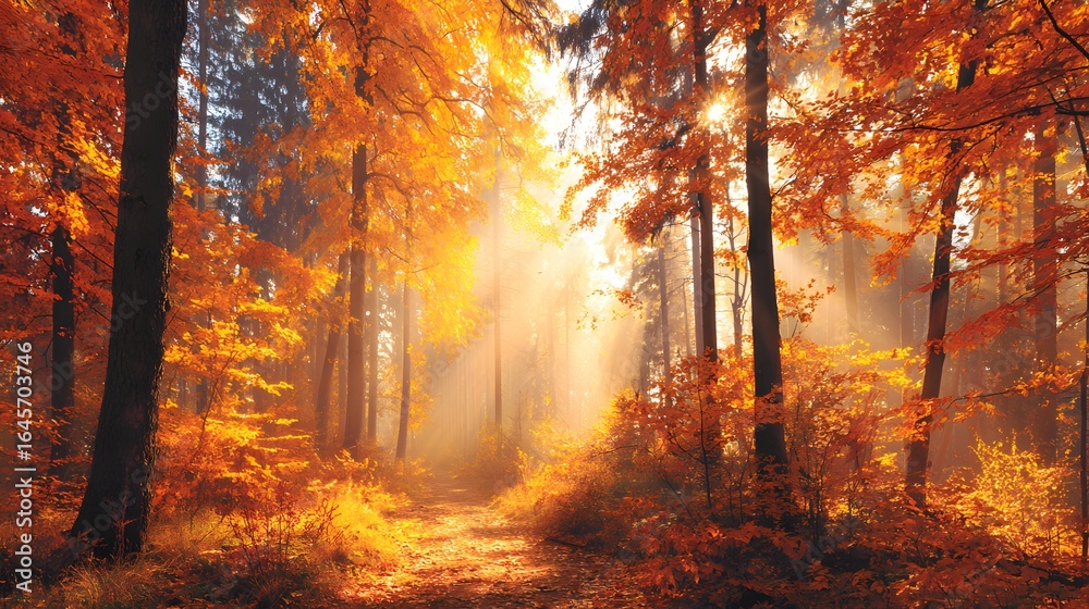 Fototapeta premium Sunlight streams through a forest of vibrant autumn trees.