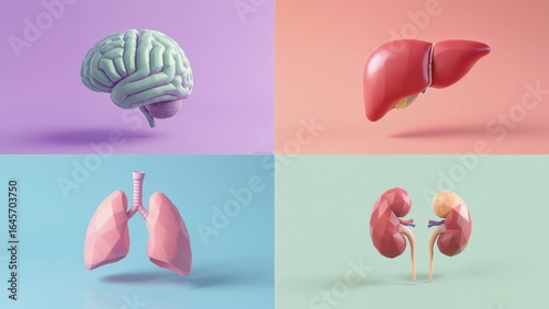 3D anatomical models of brain, liver, lungs, and kidneys on pastel background  