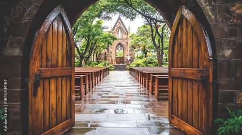 Open wooden doors revealing a historic church with beautiful architecture