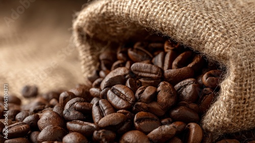 Coffee beans spilling from burlap bag