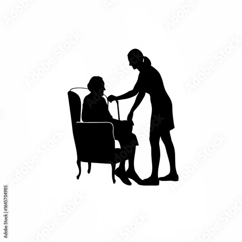 Home care aide assisting senior woman to sit silhouette isolated on white background