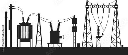 Electric power substation with transformers, high voltage cables, utility poles, transmission towers, energy grid infrastructure silhouette, electricity distribution system vector.