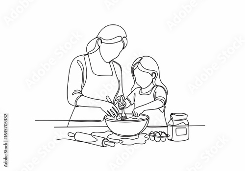A continuous single line drawing of a mother and her daughter baking together, mixing ingredients in a bowl.