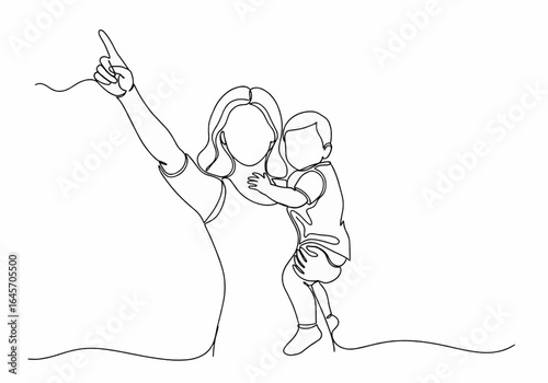 A continuous one line drawing of a mother holding her baby and pointing her finger up.