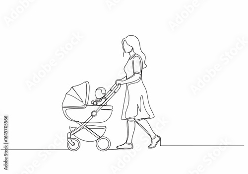 A young mother walks while pushing her baby in a modern stroller, depicted in a continuous single line drawing style.