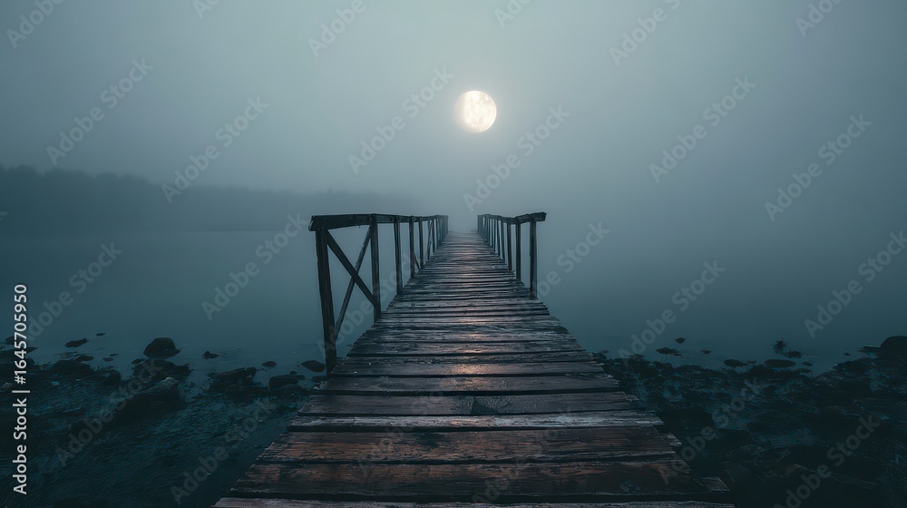 Obraz premium Foggy Wooden Bridge Halloween Banner with Moonlit Atmosphere ,Happy halloween, halloween banner, halloween banner with copy space for text. 