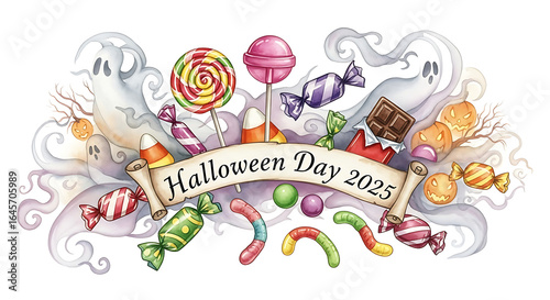 Watercolor illustration of halloween day 2025 with candy, ghosts, and pumpkins