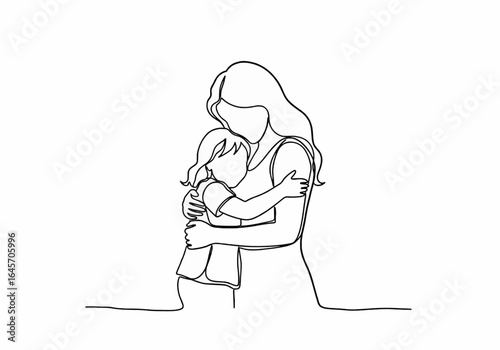 A single continuous line drawing of a mother tenderly embracing her young child. Minimalist vector illustration of motherhood and family love.
