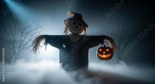 Halloween scarecrow holding jack-o'-lantern in foggy setting
