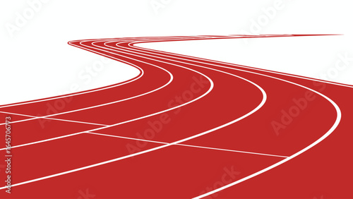 Red Running Track Lanes Curved Perspective White Lines.