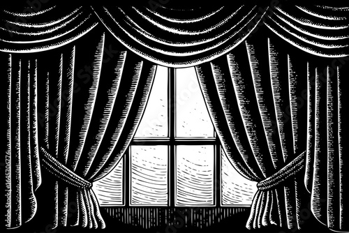 Elegant vintage engraving of draped linen curtain, retro decor, interior design themes, classic illustration projects, and traditional textile or home styling concepts