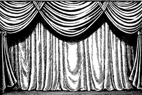 Elegant vintage engraving of draped linen curtain, retro decor, interior design themes, classic illustration projects, and traditional textile or home styling concepts