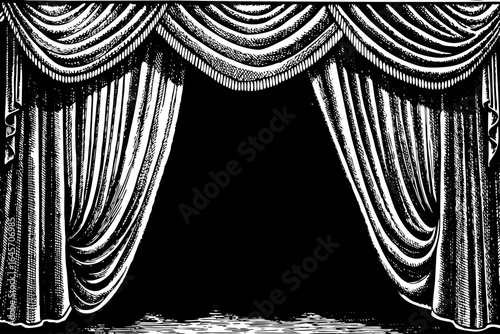 Elegant vintage engraving of draped linen curtain, retro decor, interior design themes, classic illustration projects, and traditional textile or home styling concepts
