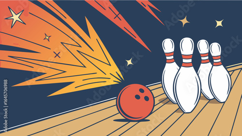Retro Bowling Illustration Red Ball and White Pins.