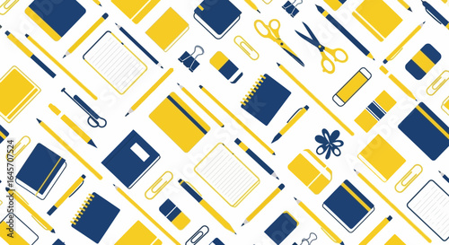 Seamless pattern with school and office stationery. Flat vector illustration of supplies like notebooks, pens, and pencils for a creative background.
