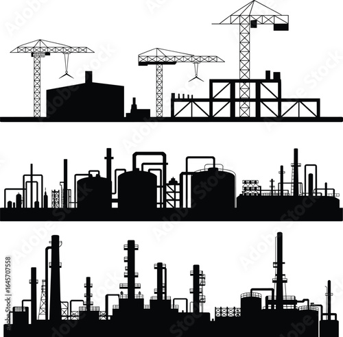 Industrial construction site silhouette, factory buildings, oil refinery plant, cranes, storage tanks, pipes, industrial complex, manufacturing 