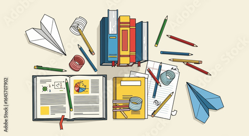 Creative School Supplies and Open Books Representing Education, Learning, and Study