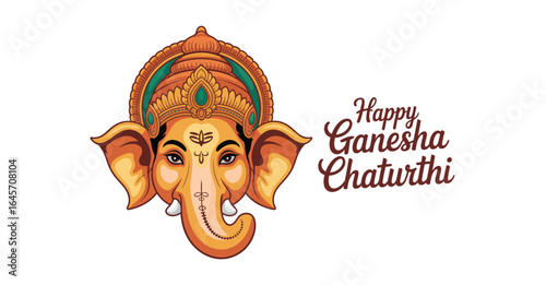 Happy Ganesha Chaturthi greeting with stylized illustration of Lord Ganesha’s head, ornate crown, large ears, and festive text on white background