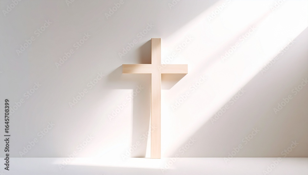 Naklejka premium Simple wooden cross illuminated by sunlight against a stark white wall.