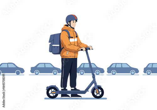 A delivery worker on an electric scooter oversees traffic in a city setting. The illustration features a modern, stylized design with a focus on urban transportation and safety.
