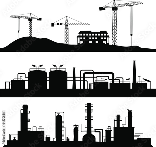 Industrial factory silhouette, construction cranes, manufacturing plant, refinery structures, chemical plant, industrial buildings, factory pipes, urban development, power plant, 