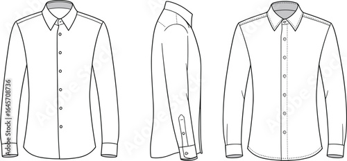 Flat vector illustration of classic men’s dress shirt, front view, side view, back view, fashion design, garment sketch, clothing template