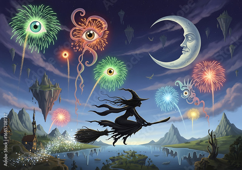 Whimsical halloween scene with witch, fireworks, and crescent moon