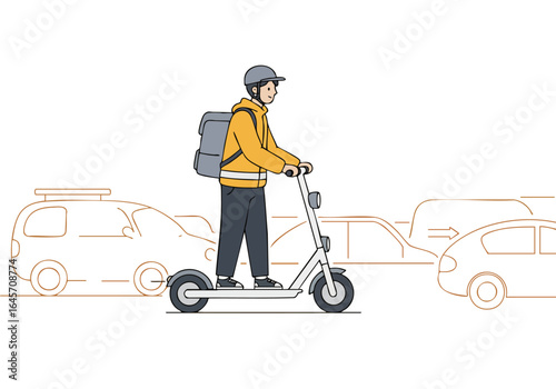A man in a helmet oversees traffic while riding an electric scooter through a city street. Modern, minimalist illustration style. Focus on urban mobility.