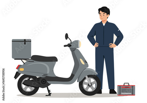 A mechanic oversees scooter repair, showcasing a professional setting. Clear composition, focused on the task. Suitable for commercial use.