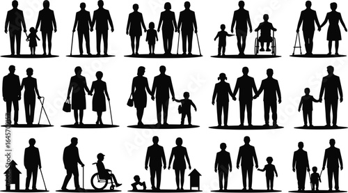 Flat vector illustration of diverse family silhouettes, inclusive representation, caregiving, accessibility, generational bonds, unity, parenting, disability, love, support