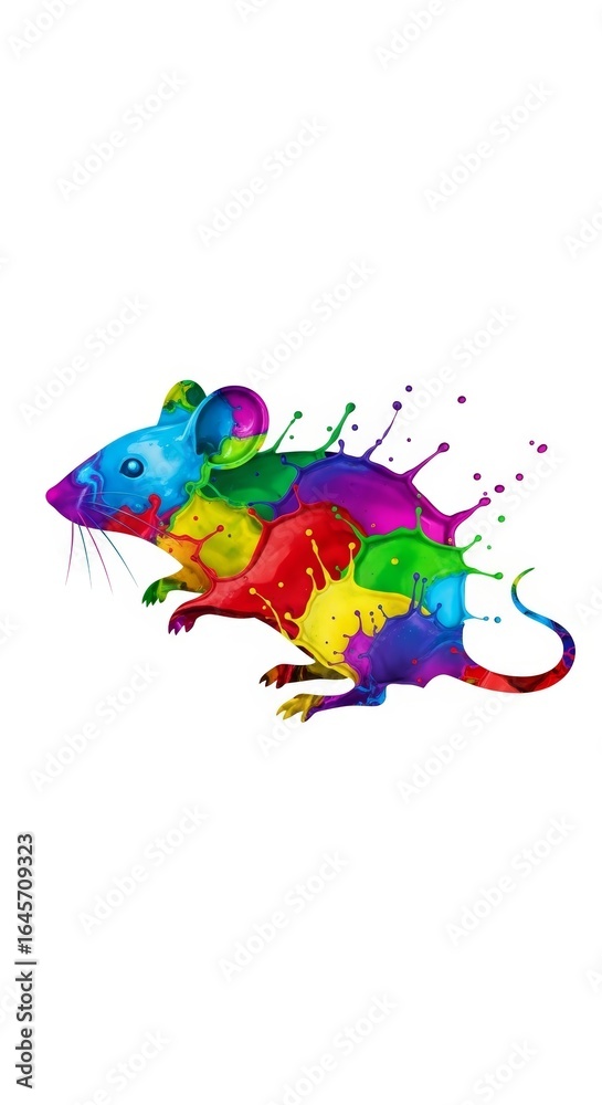 Fototapeta premium Splashing multicolored rainbow paint shaped like a mouse on a solid white background
