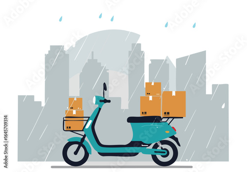 Fotografie A teal rain scooter delivers boxes through a rainy cityscape