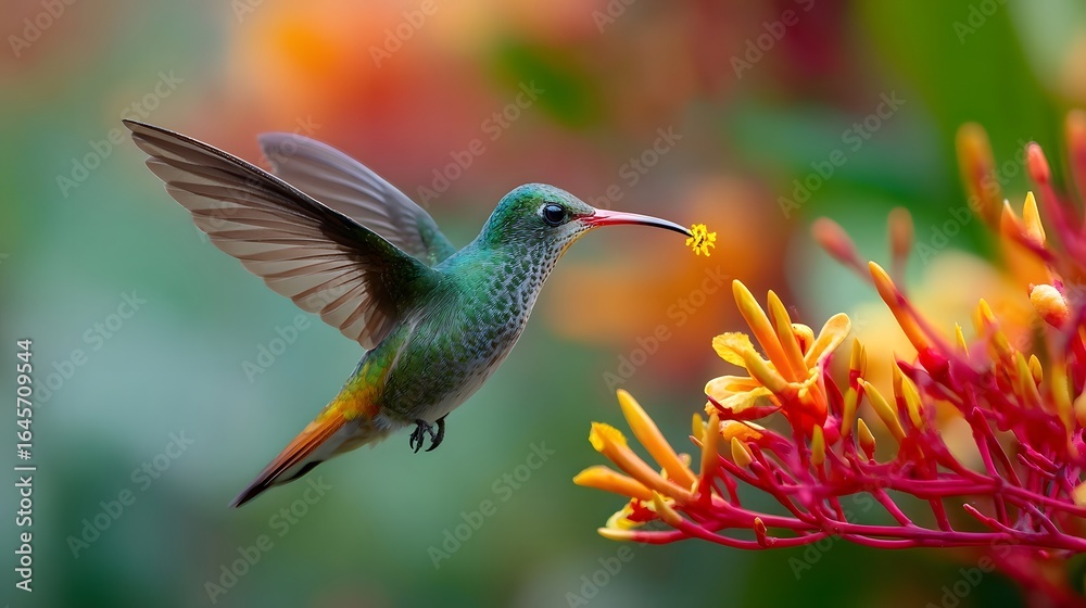 Fototapeta premium Emerald green hummingbird with orange tail feeding on yellow flower nectar flying