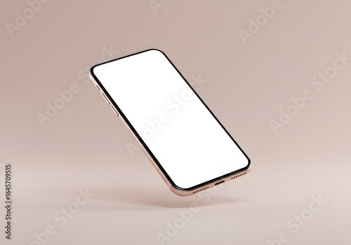 A modern mobile phone with a blank screen floating in mid-air. The phone's screen is bright and clean, suggesting space for information, communication, or design