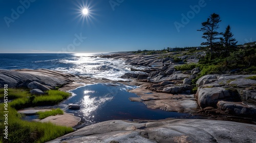 Coastal rocks and water under a brilliant sun.