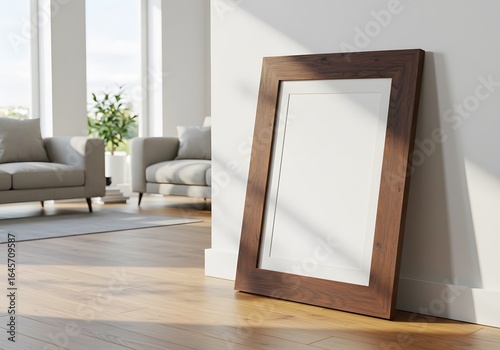 Empty picture frame leaning against a wall in a modern interior setting