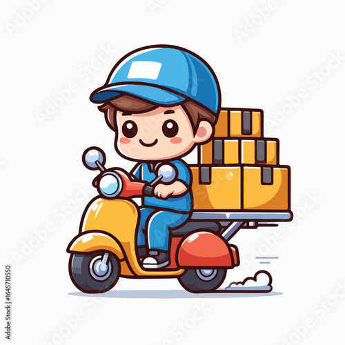 Vector image of a cute courier carrying a package on a motorbike