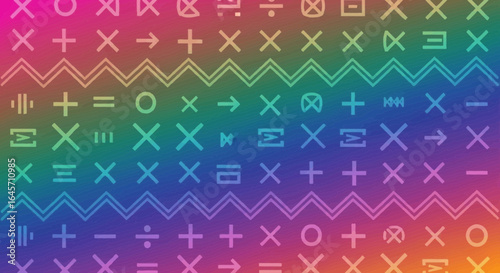 Abstract background featuring a repeating pattern of colorful mathematical symbols on a vibrant rainbow gradient. A modern concept for science, education, and technology.